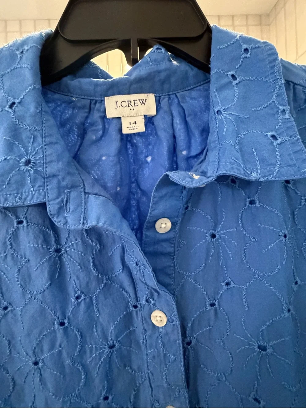 J. Crew Blue Eyelet Button-Front Long Sleeve Dress